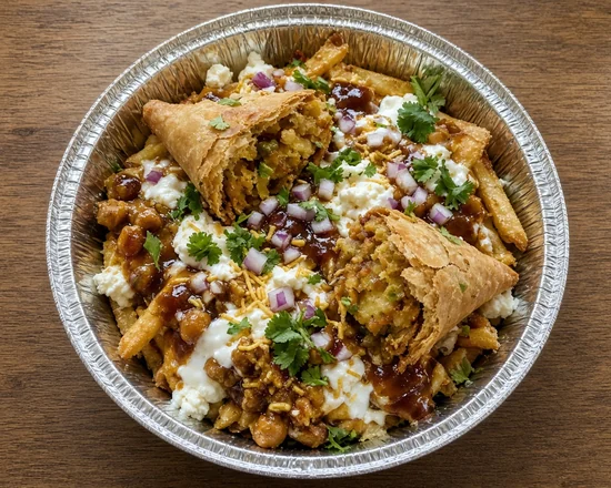 Samosa chaat poutine topped with samosas, sev, red onion and cilantro